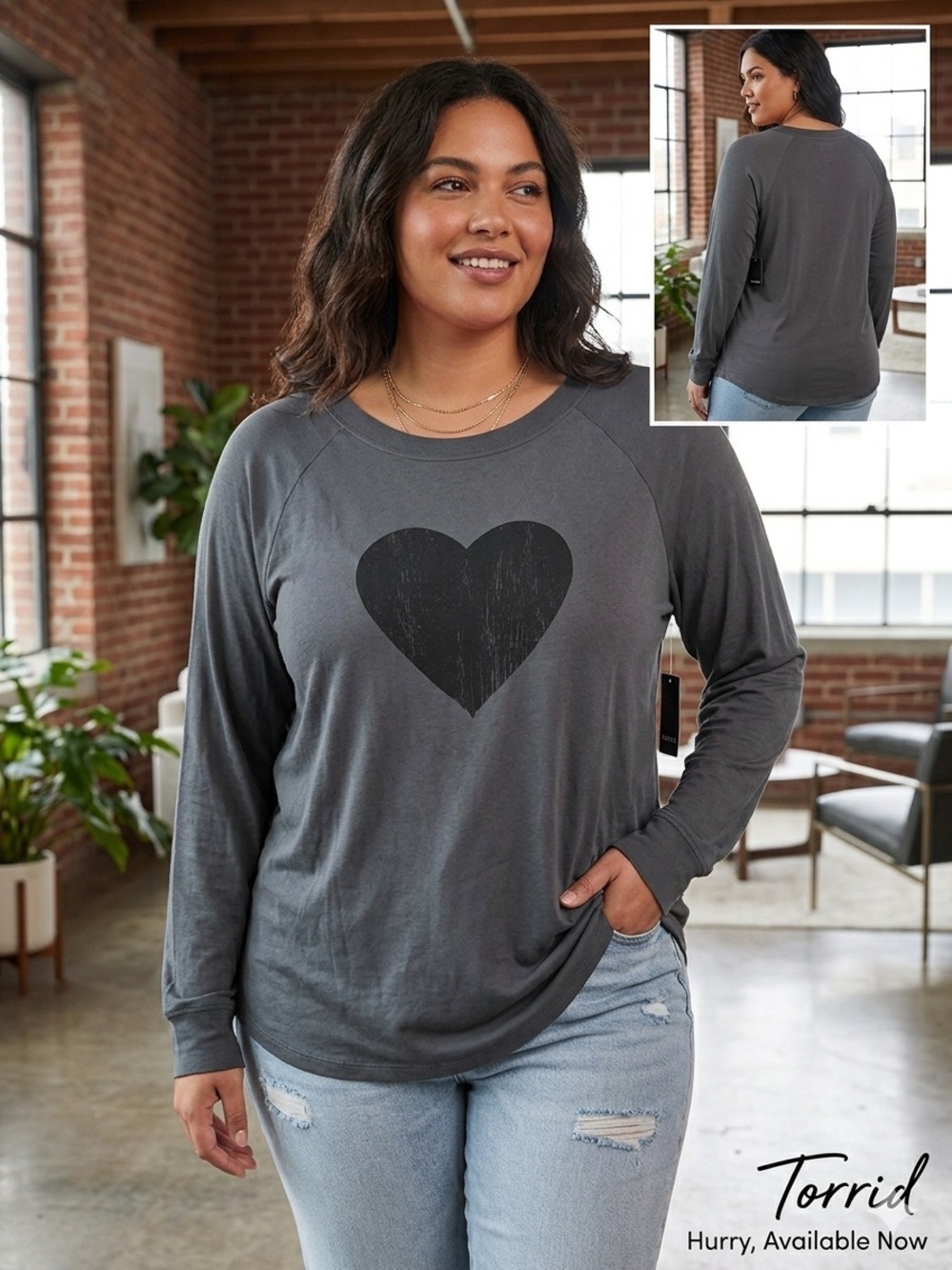 torrid Charcoal Long-Sleeve Tee with Black Heart Graphic